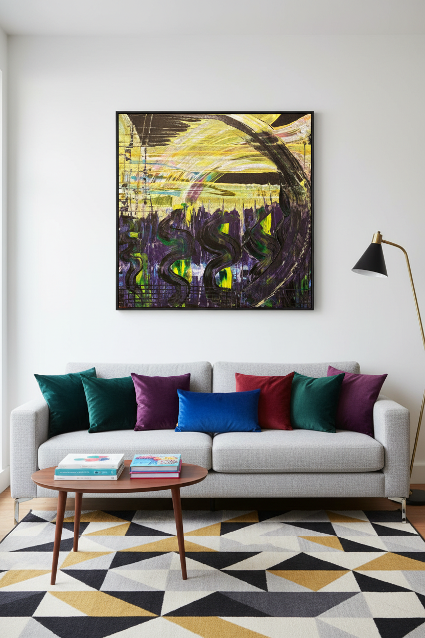 Eclipsed Currents original painting displayed in a vibrant eclectic living room