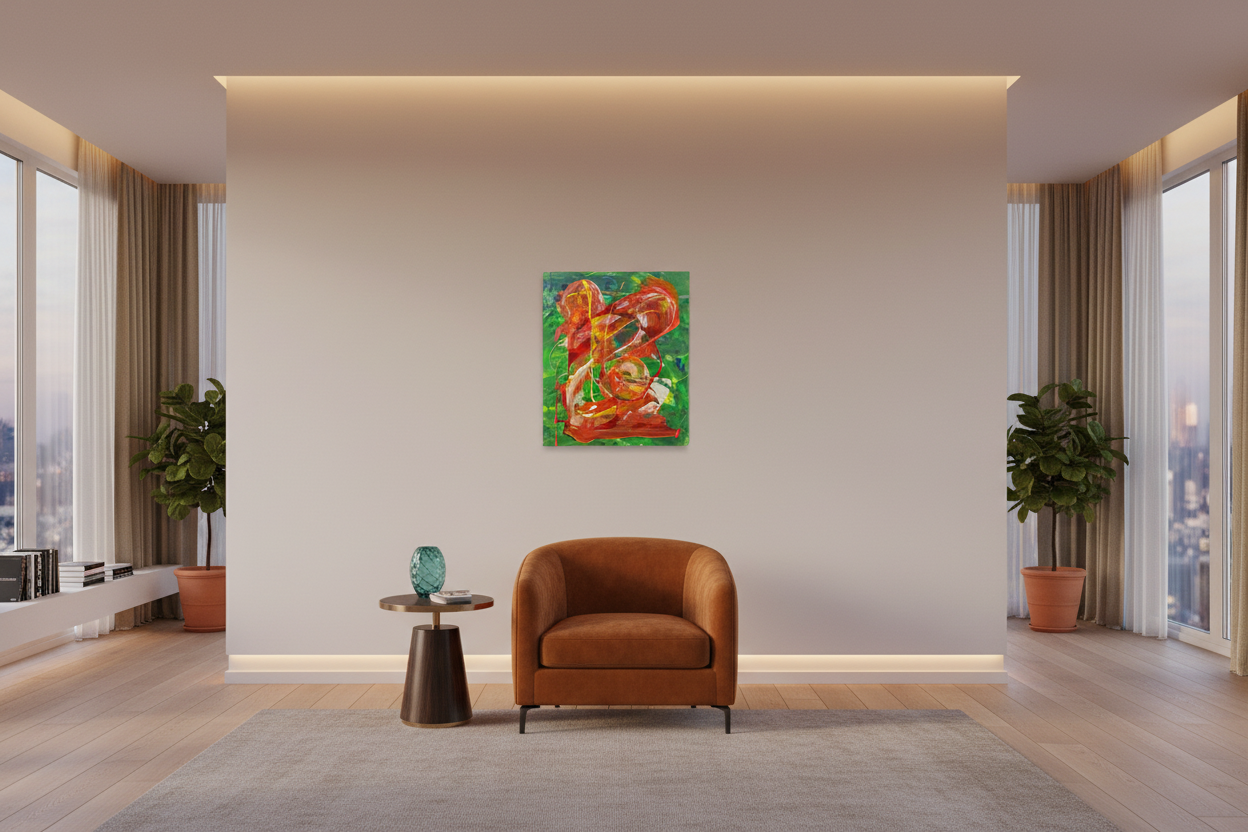 Amex Method 3 original painting displayed in a warm gallery-style living room