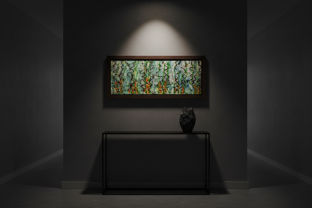 Thorned Vines original painting displayed in a moody atmospheric hallway