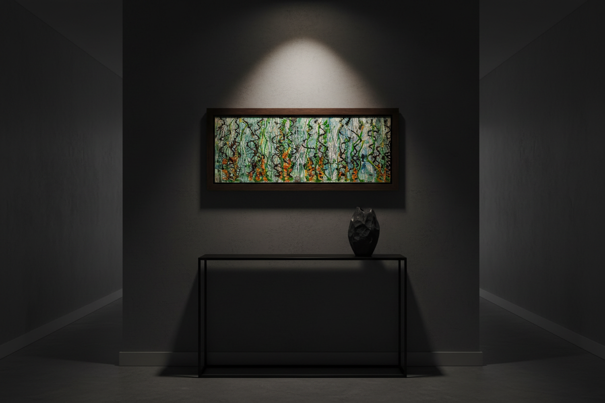 Thorned Vines original painting displayed in a moody atmospheric hallway