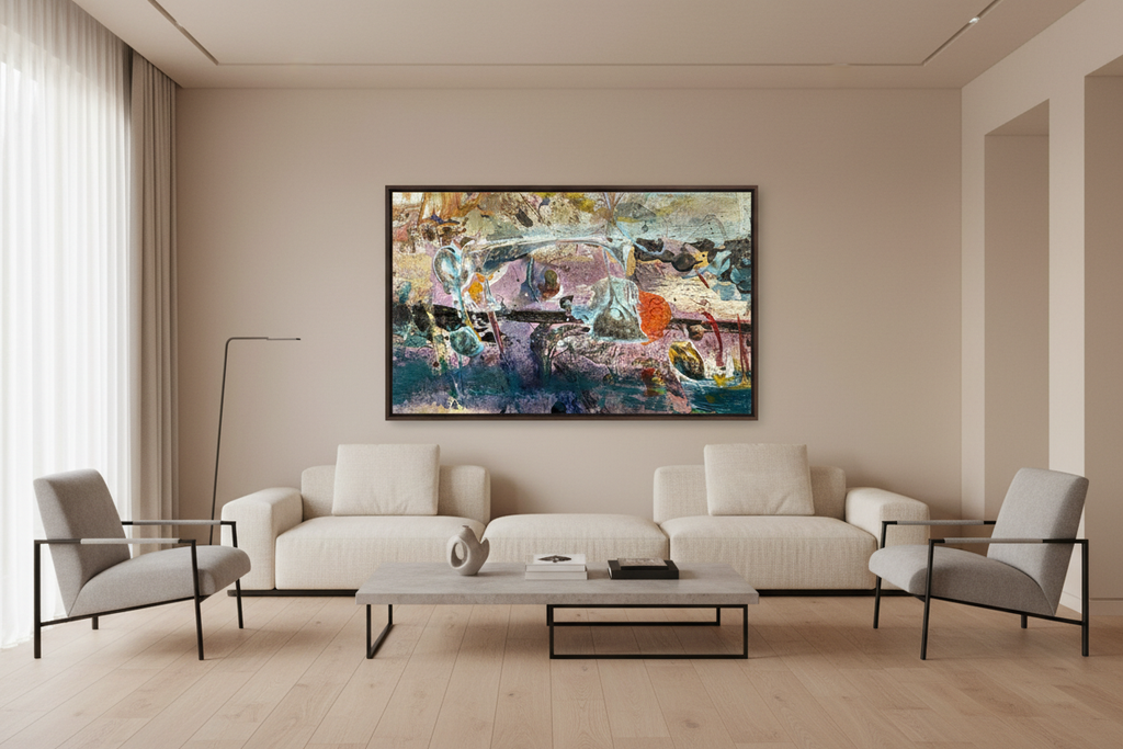 One Conflict Day 4 landscape canvas print with dark blue band at the bottom, displayed in a contemporary room