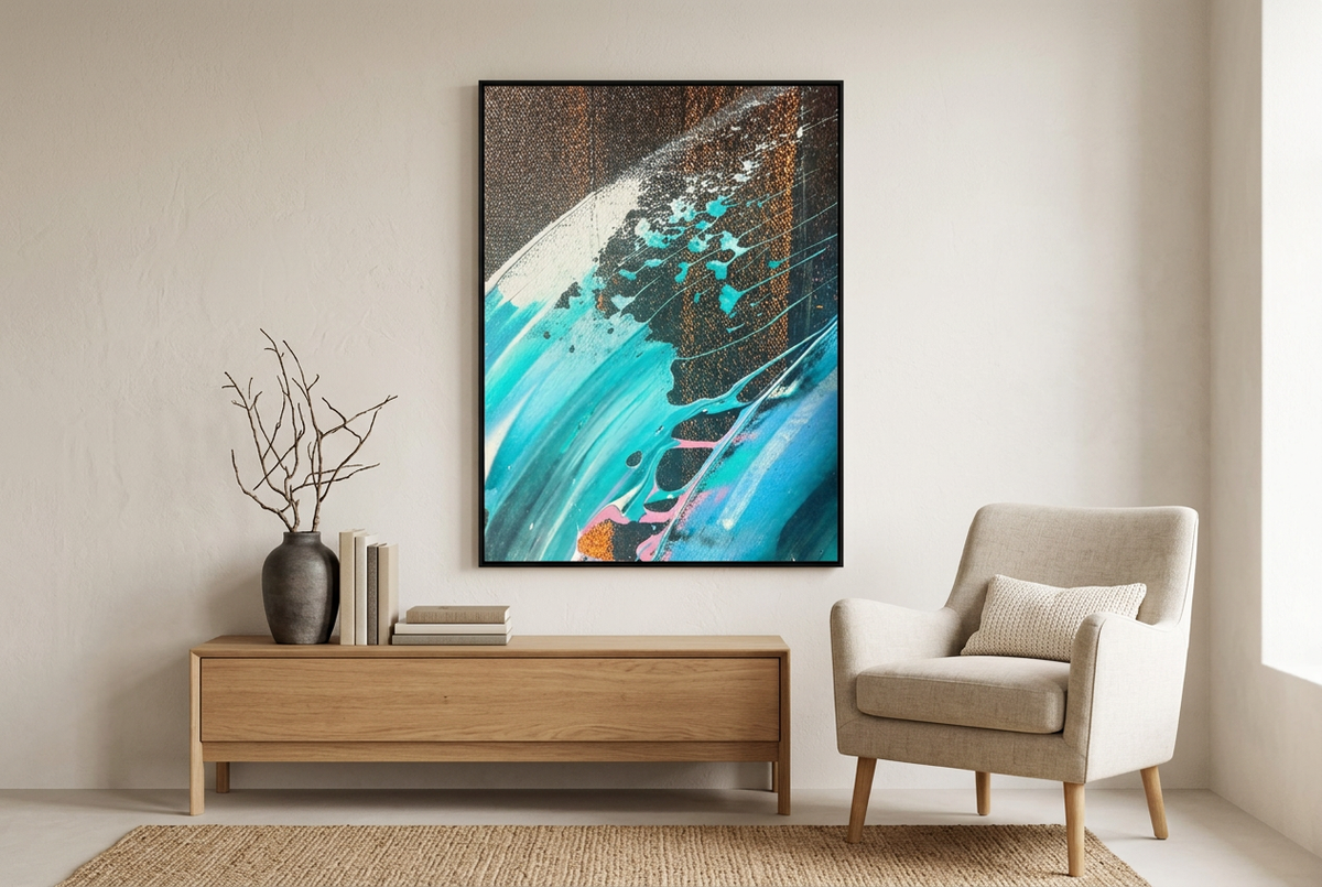 Sneezing Wave canvas artwork displayed in a contemporary living room