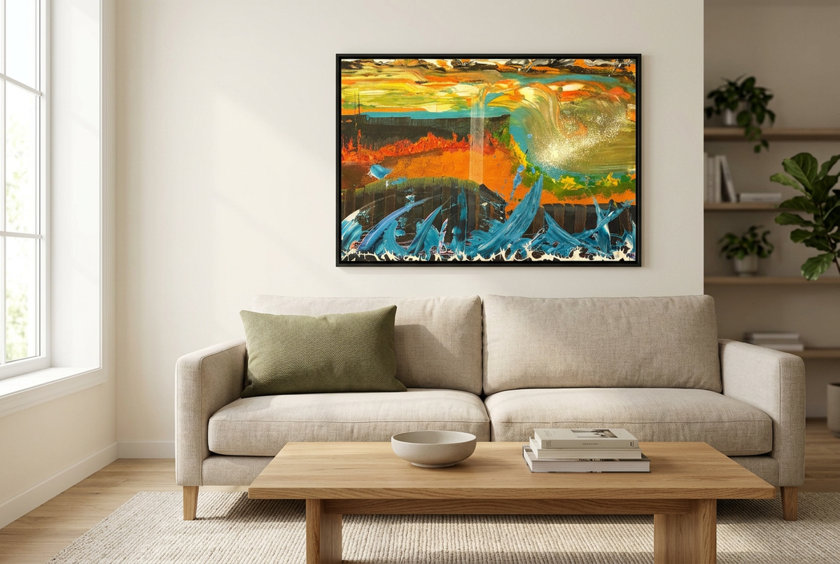 Gather at Watersmeet artwork in a black frame above an oatmeal sofa in a contemporary living room