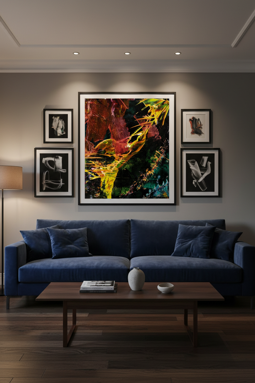 Phoenix Stitch fine art print displayed in a contemporary living room setting