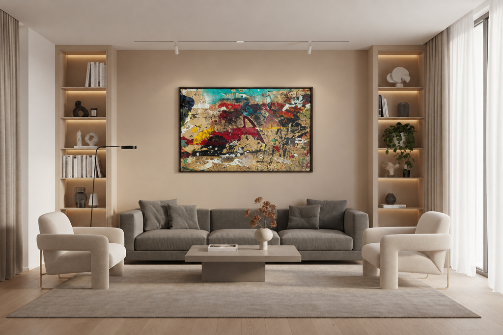 One Conflict - Day 2 artwork in a bright Scandinavian-style living room, landscape orientation