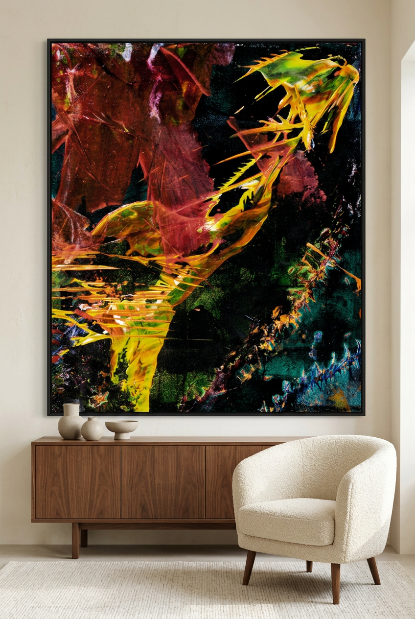 Phoenix Stitch in a bright contemporary room above a walnut sideboard